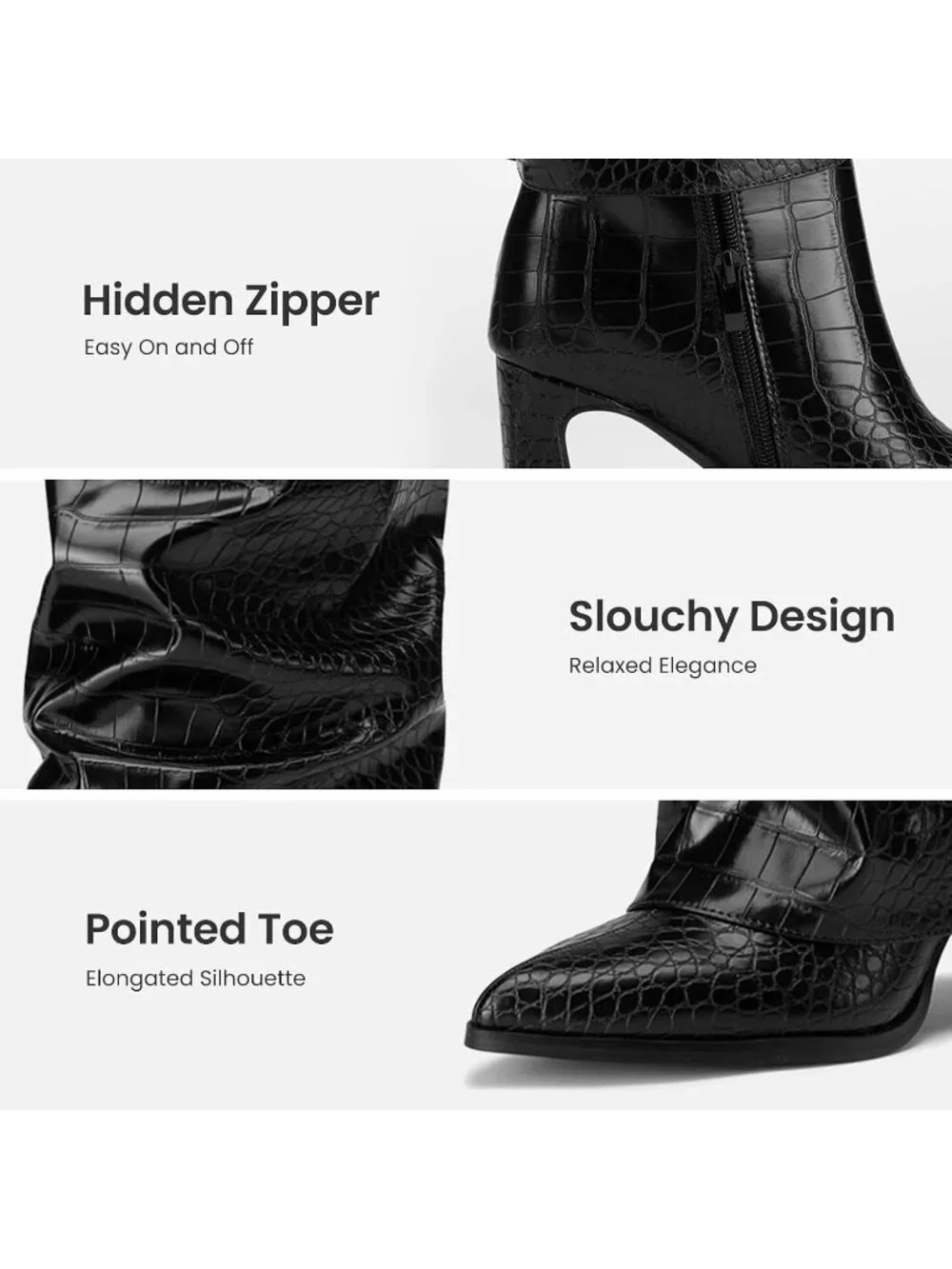 Women's Black Croco Pointed Toe Pu Leather Chunky Heel Fold Over Knee High Boots